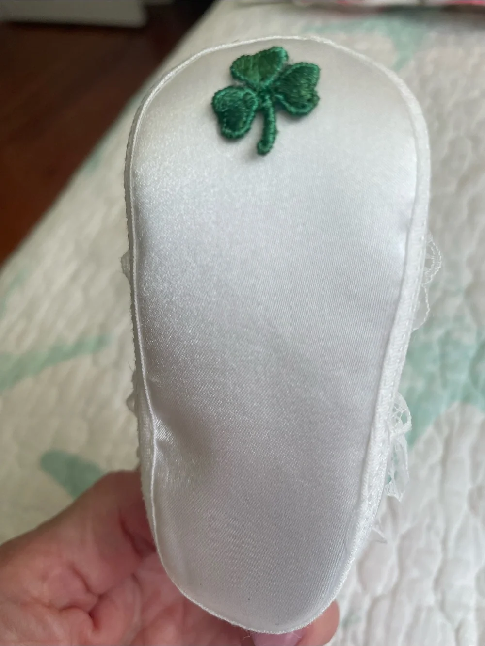 White Lace Baby Walker Shoes with Green Shamrock Accent